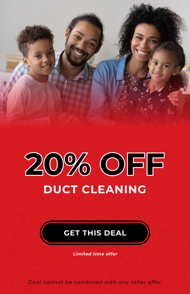 Banner featuring a happy family and information about 20% off deal for duct cleaning