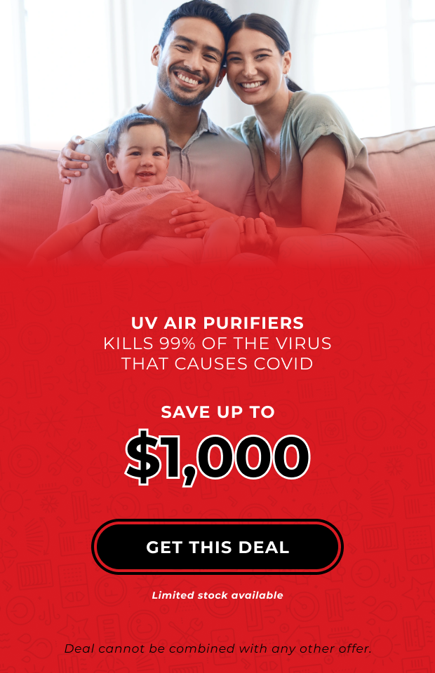 Banner featuring a happy family and information about uv air purifiers deal