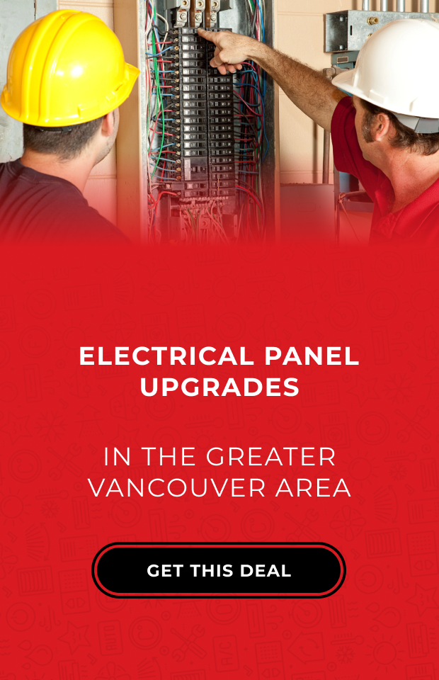 Banner featuring two electricians working on an electrical panel upgrade