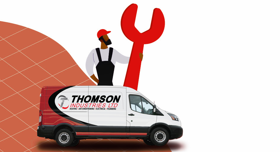 Image of an animated technitian and Thomson Industries HVAC company van