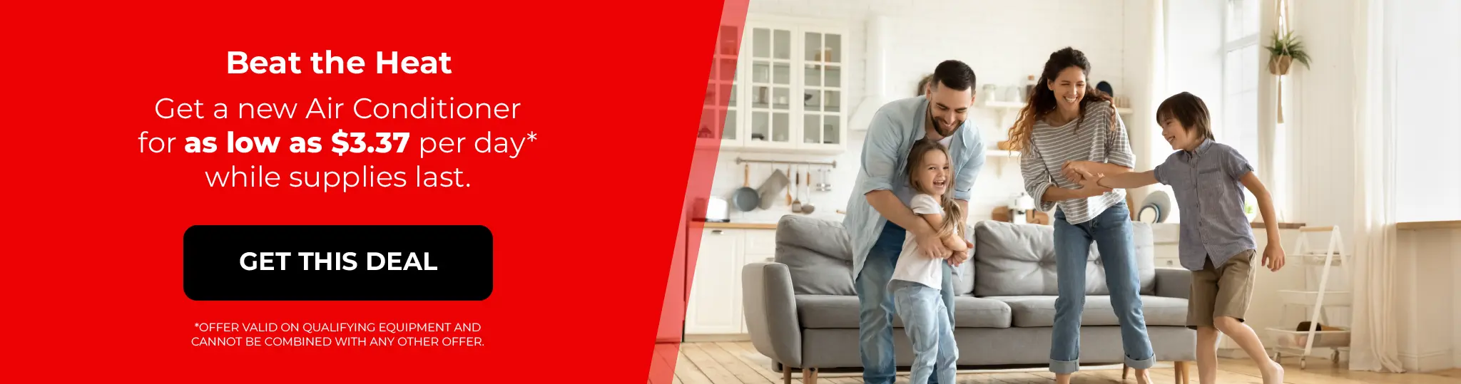 Banner of a happy family and information about air conditioner services deal